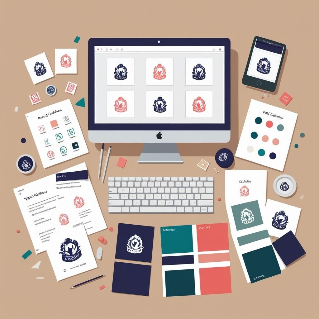 Workspace with computer, color swatches, logos, and stationery for brand design.